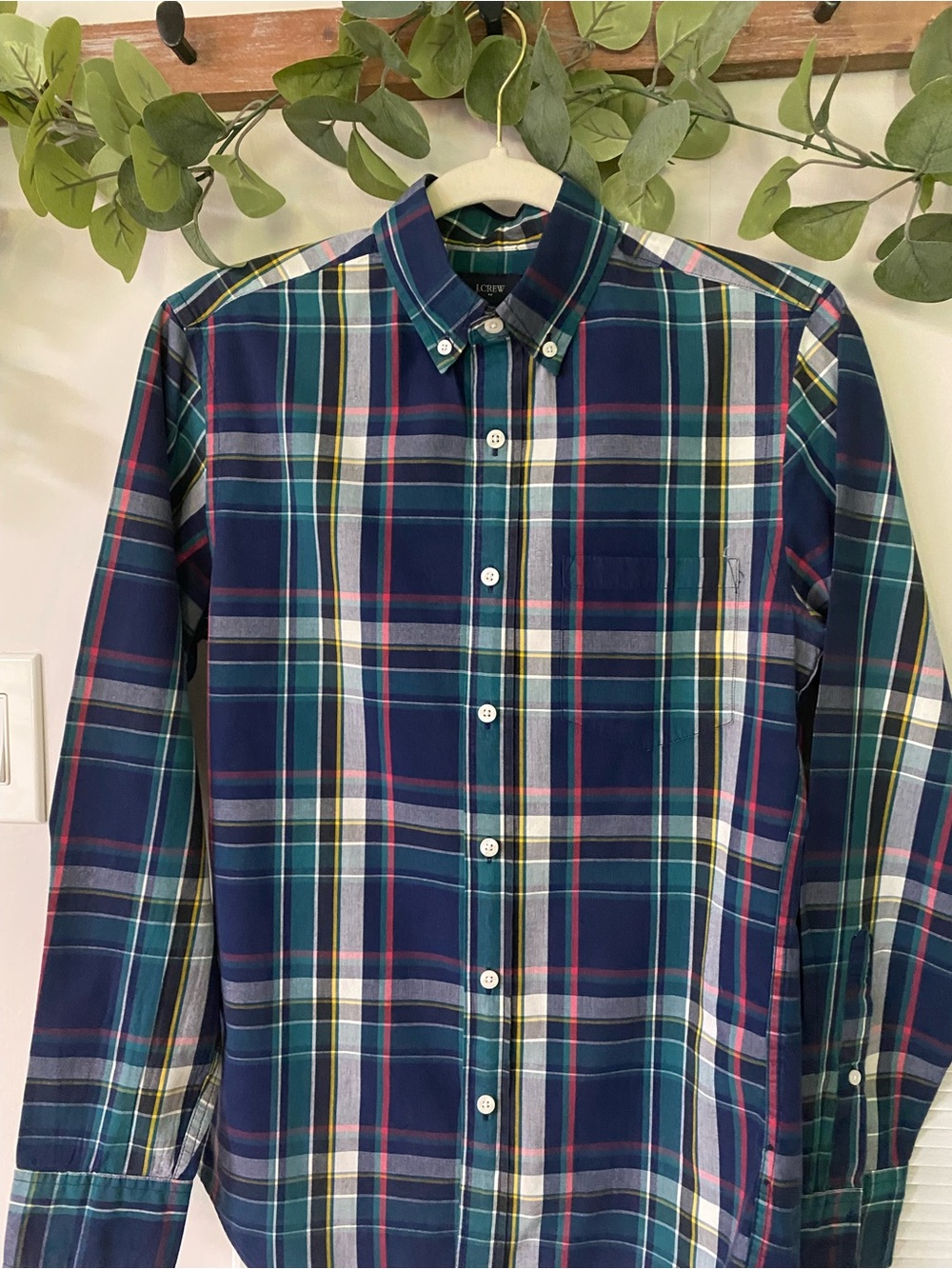 J. Crew Men’s Navy, Green & Yellow Plaid Button-Down Shirt